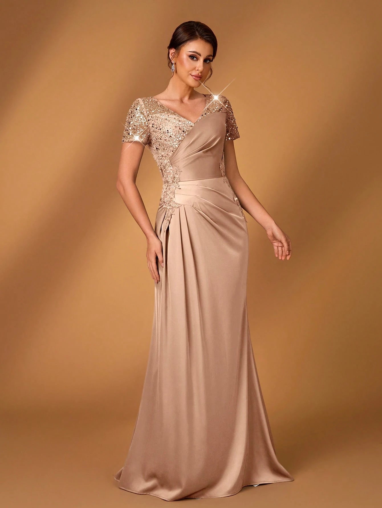 Serin Champagne Gold Summer Formal Elegant Evening Wedding Dress,Embroidered Lace Applique Elastic Satin - image 7