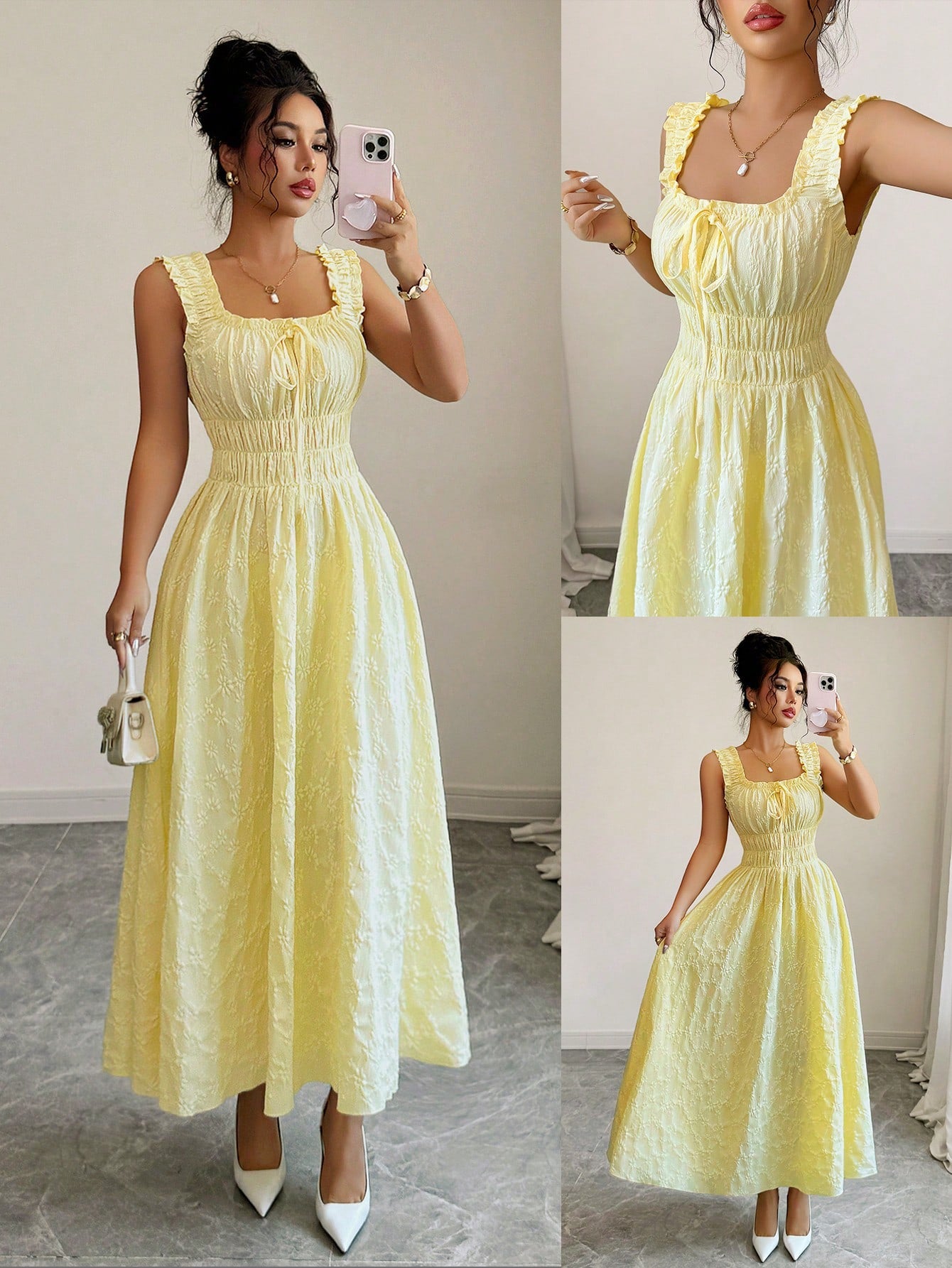Elenzga New Woven Texture Floral Fabric Dress For Women, Spaghetti Strap Bowknot Design Waist Gathering - image 8