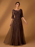 Serin Elegant Dusty Pink Summer Lace Splicing Mesh A-Line Dress,Luxury Embellished 3/4 Sleeve Mother Of The