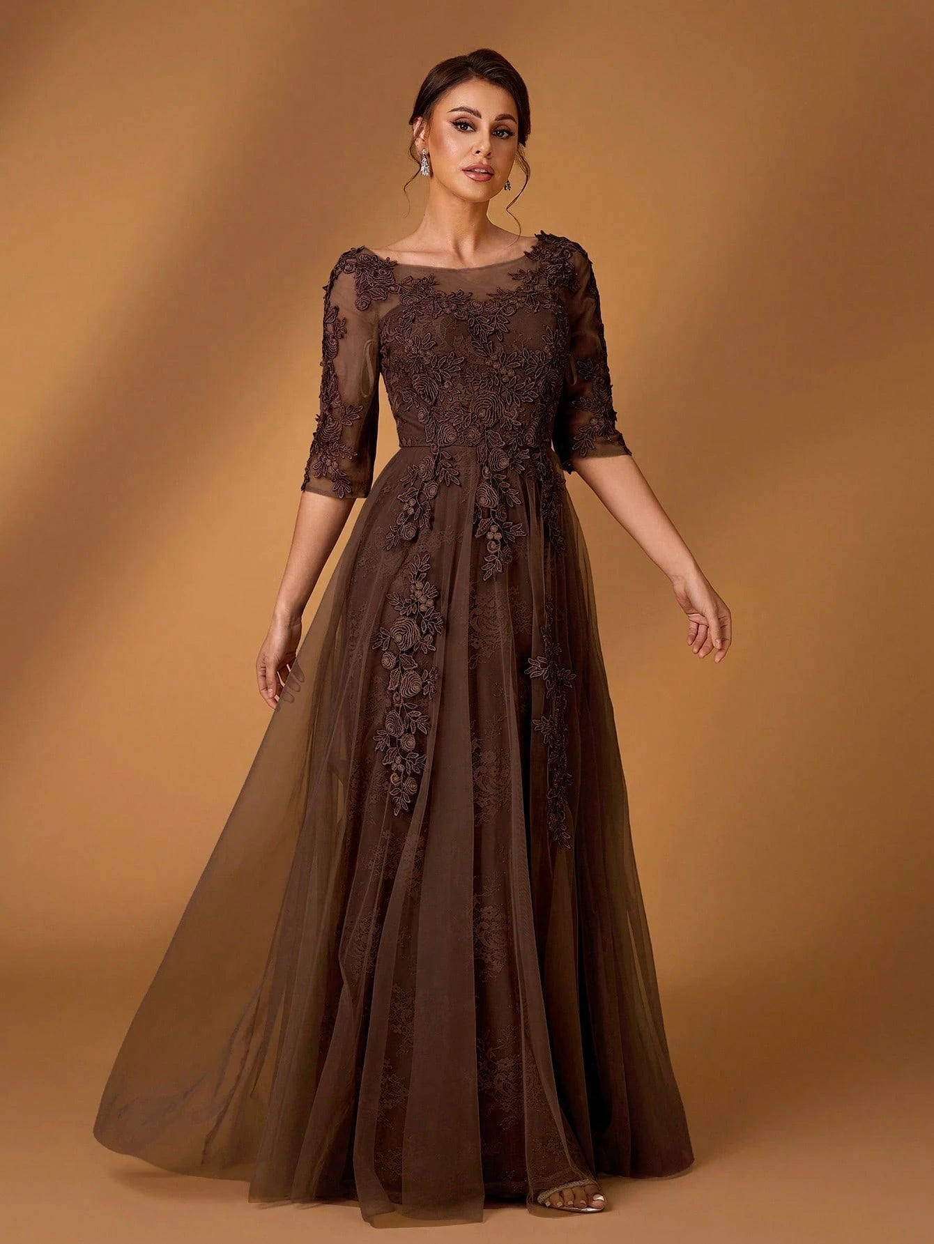Serin Elegant Dusty Pink Summer Lace Splicing Mesh A-Line Dress,Luxury Embellished 3/4 Sleeve Mother Of The