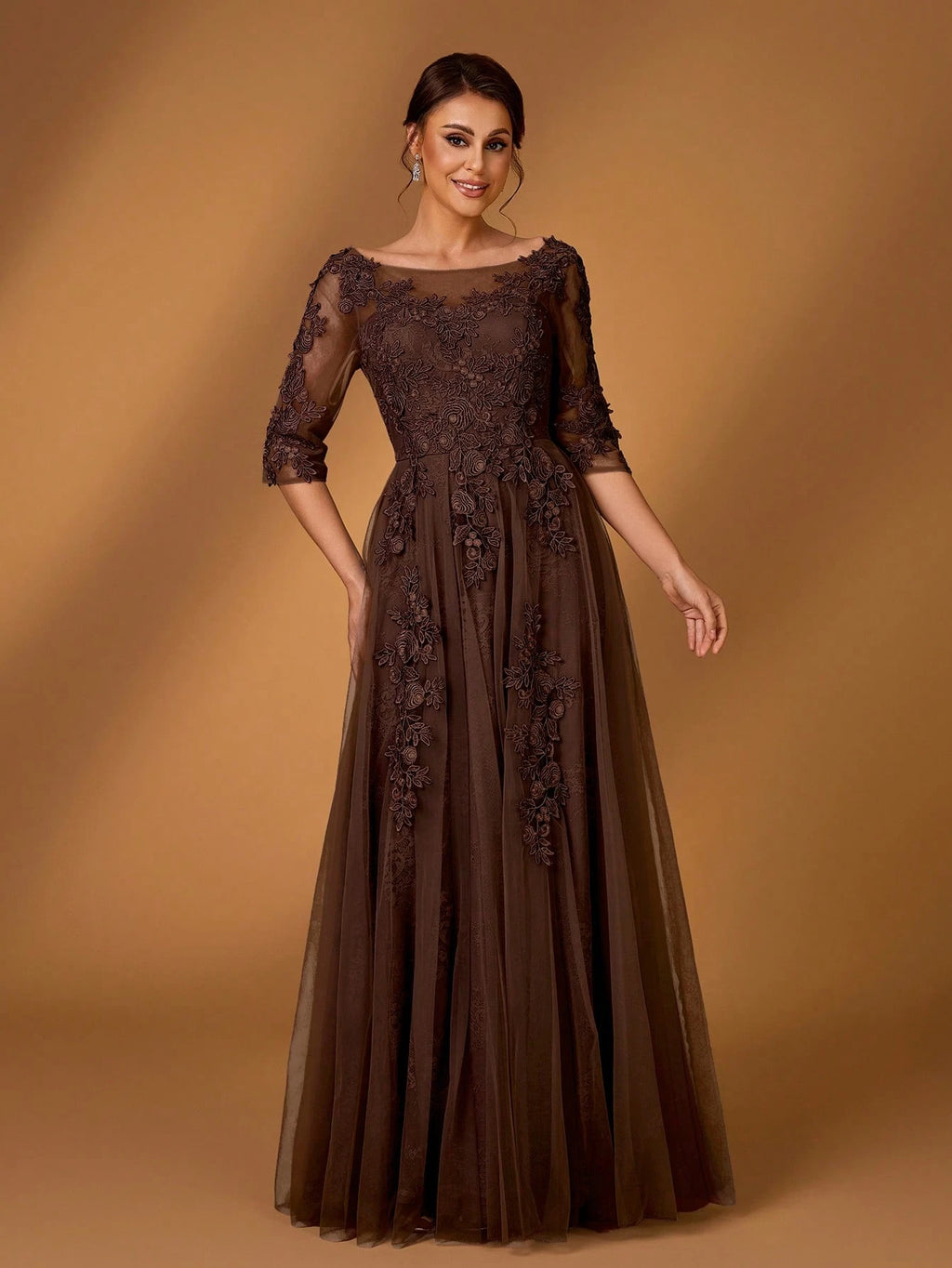 Serin Elegant Dusty Pink Summer Lace Splicing Mesh A-Line Dress,Luxury Embellished 3/4 Sleeve Mother Of The - image 3
