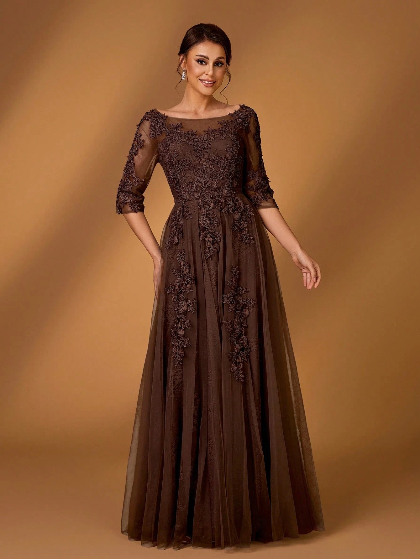 Serin Elegant Dusty Pink Summer Lace Splicing Mesh A-Line Dress,Luxury Embellished 3/4 Sleeve Mother Of The - image 3
