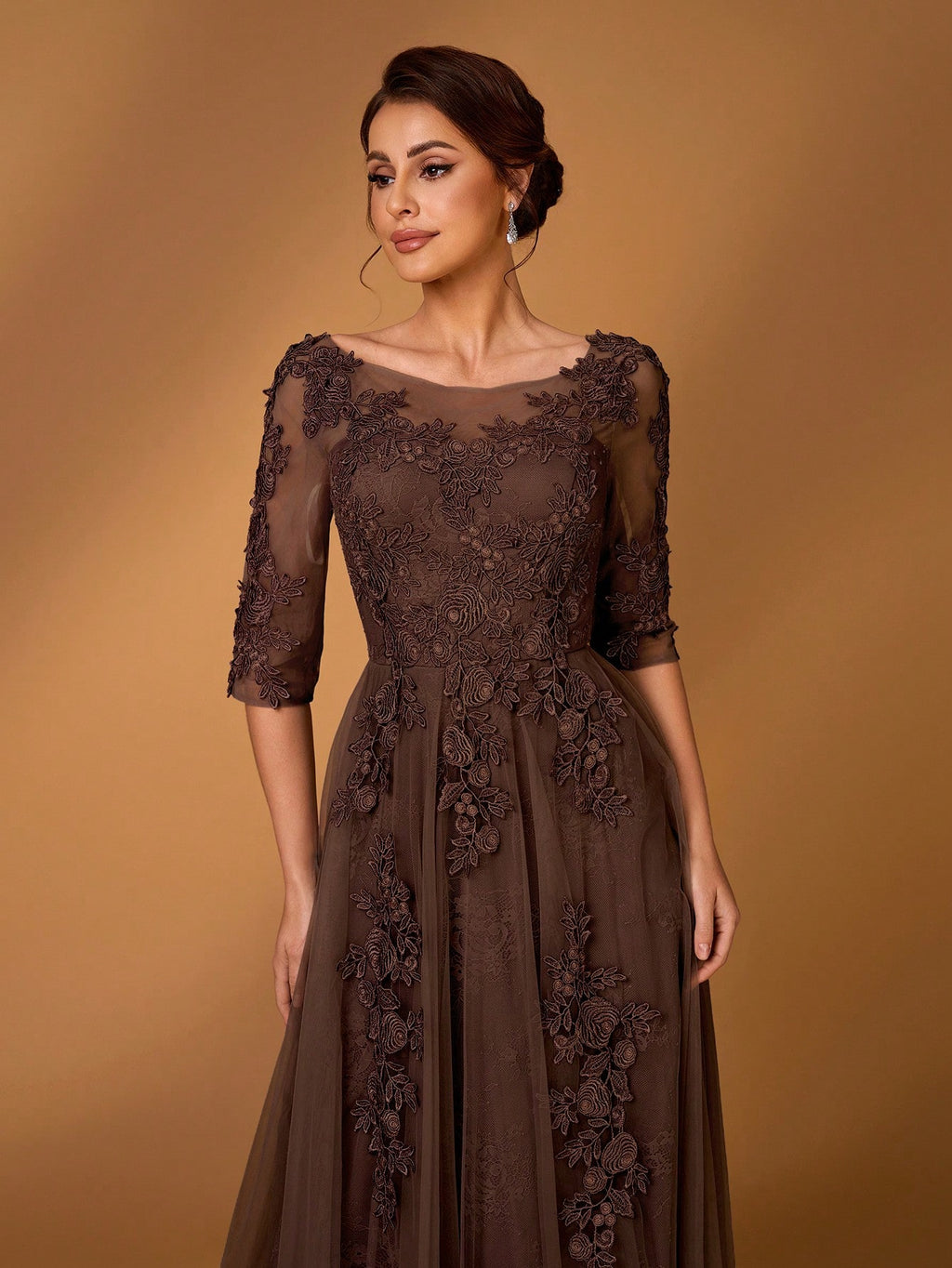 Serin Elegant Dusty Pink Summer Lace Splicing Mesh A-Line Dress,Luxury Embellished 3/4 Sleeve Mother Of The - image 4