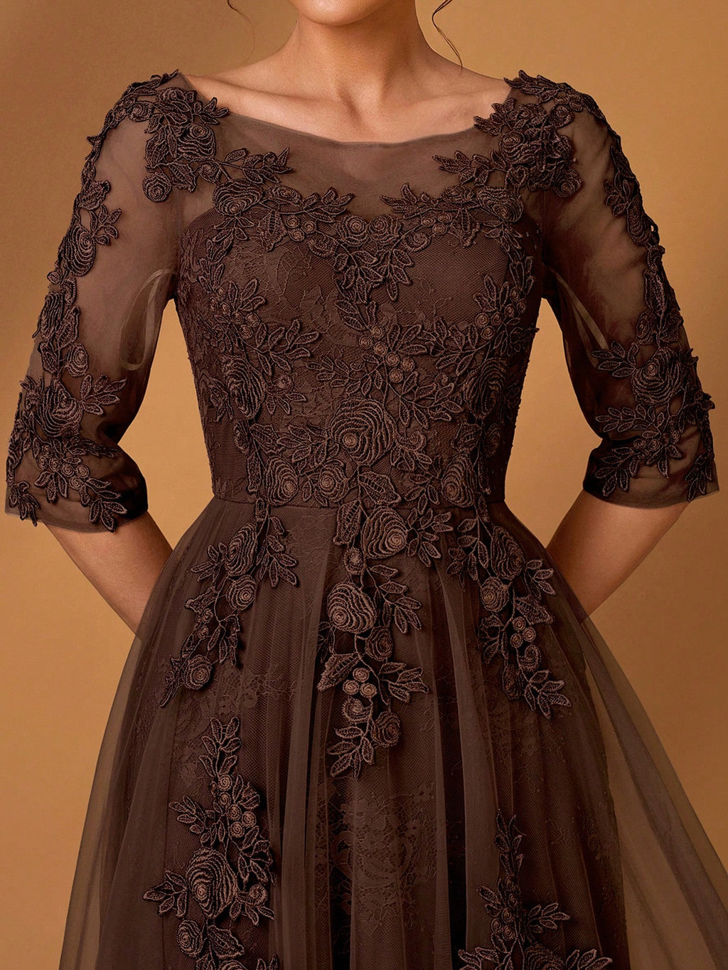 Serin Elegant Dusty Pink Summer Lace Splicing Mesh A-Line Dress,Luxury Embellished 3/4 Sleeve Mother Of The - image 5