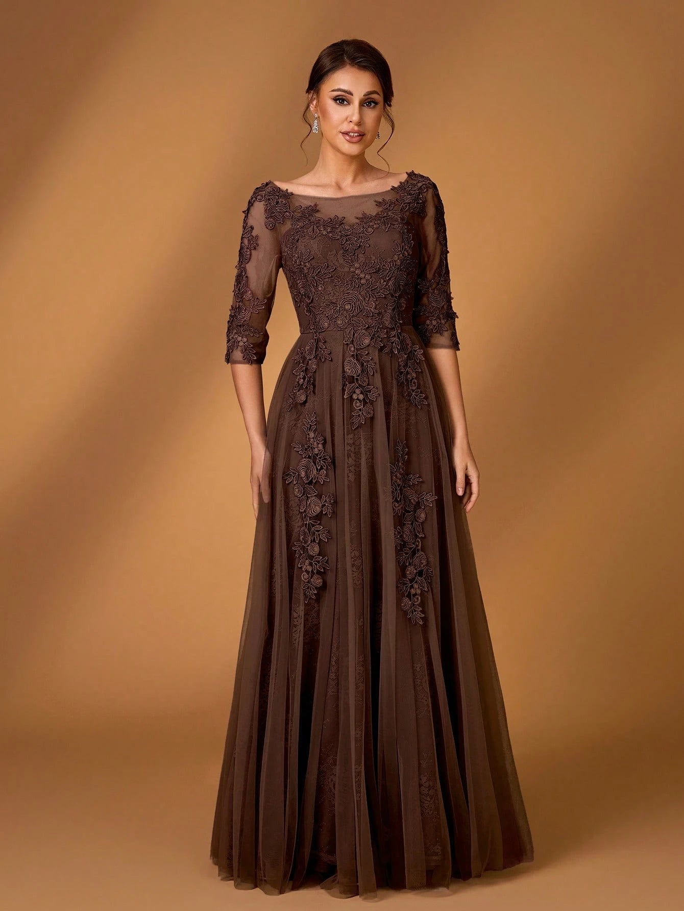 Serin Elegant Dusty Pink Summer Lace Splicing Mesh A-Line Dress,Luxury Embellished 3/4 Sleeve Mother Of The - image 6