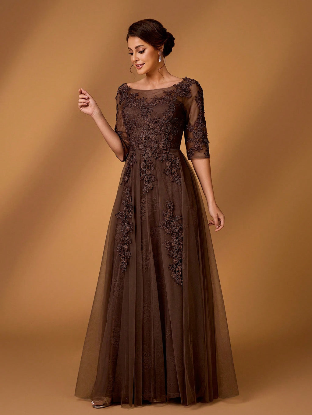 Serin Elegant Dusty Pink Summer Lace Splicing Mesh A-Line Dress,Luxury Embellished 3/4 Sleeve Mother Of The - image 7