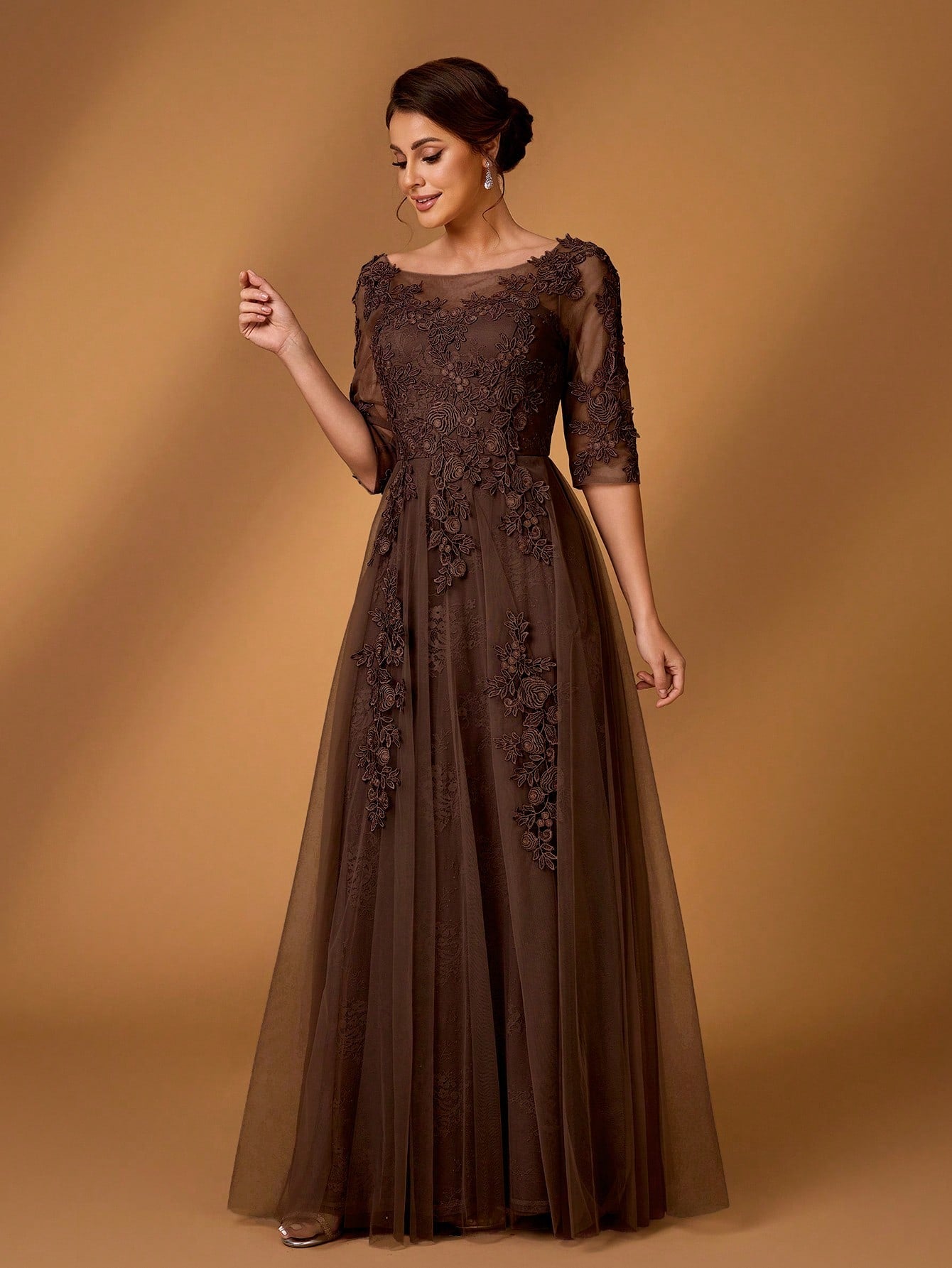 Serin Elegant Dusty Pink Summer Lace Splicing Mesh A-Line Dress,Luxury Embellished 3/4 Sleeve Mother Of The - image 7