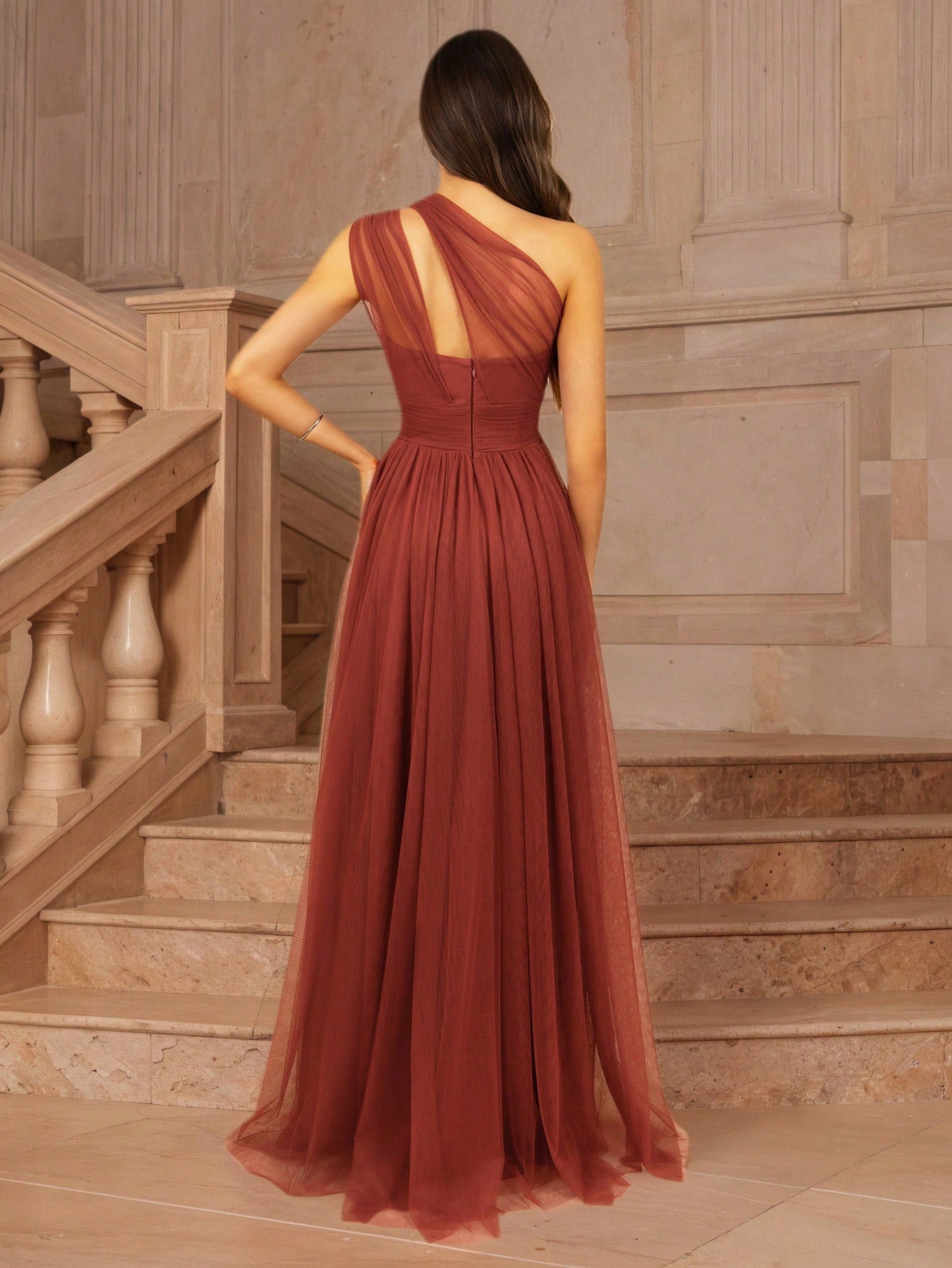 MOEVIO Women's Asymmetrical One Shoulder Crossover Neckline Tulle Backless Overlay A-Line Formal Long - image 9