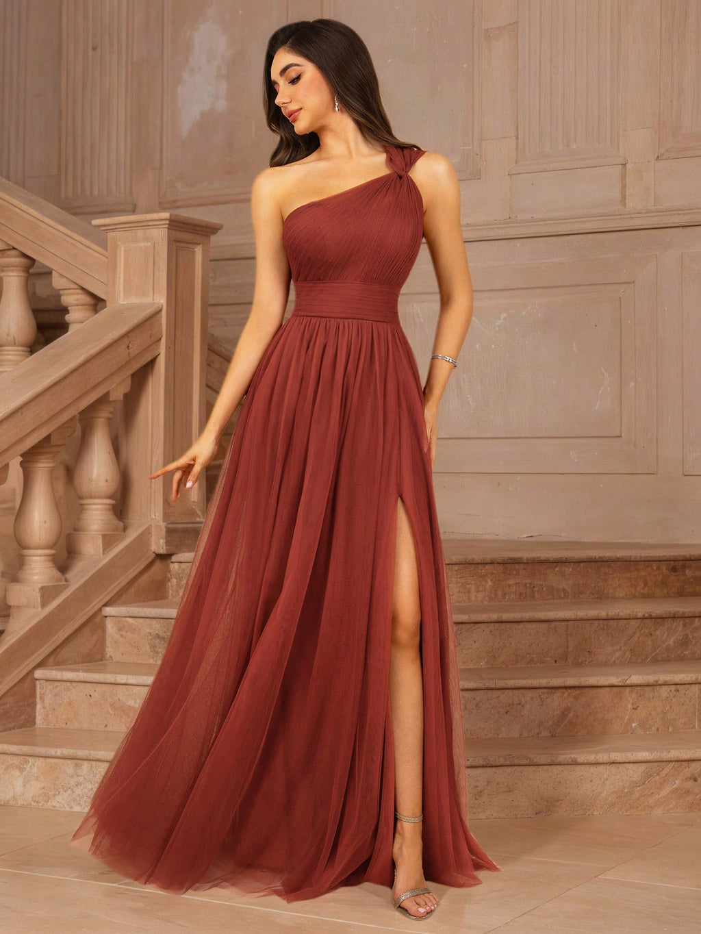 MOEVIO Women's Asymmetrical One Shoulder Crossover Neckline Tulle Backless Overlay A-Line Formal Long - image 10