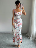 Elenzga Women's Floral Print Pleated Square Neck Sleeveless Dress