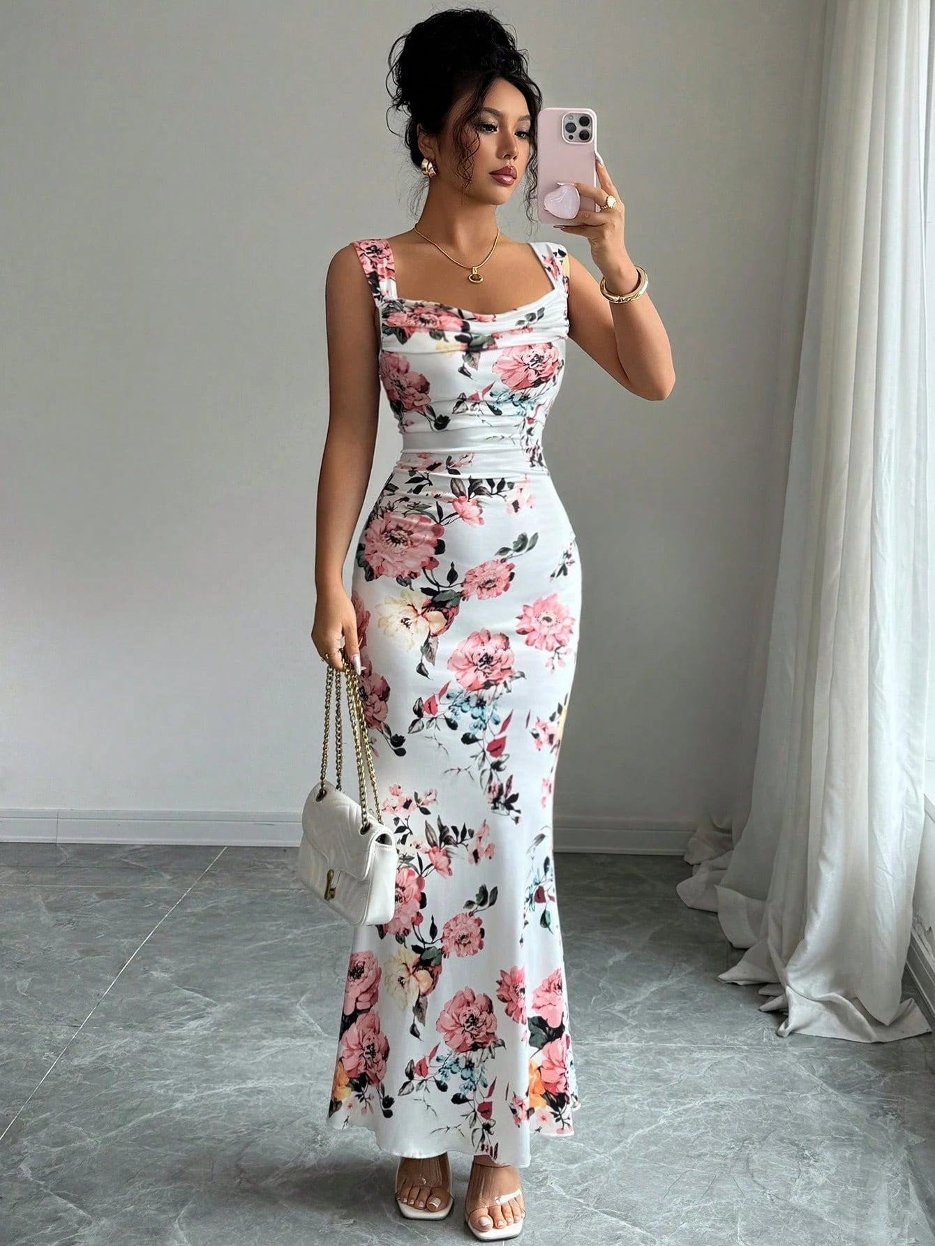 Elenzga Women's Floral Print Pleated Square Neck Sleeveless Dress
