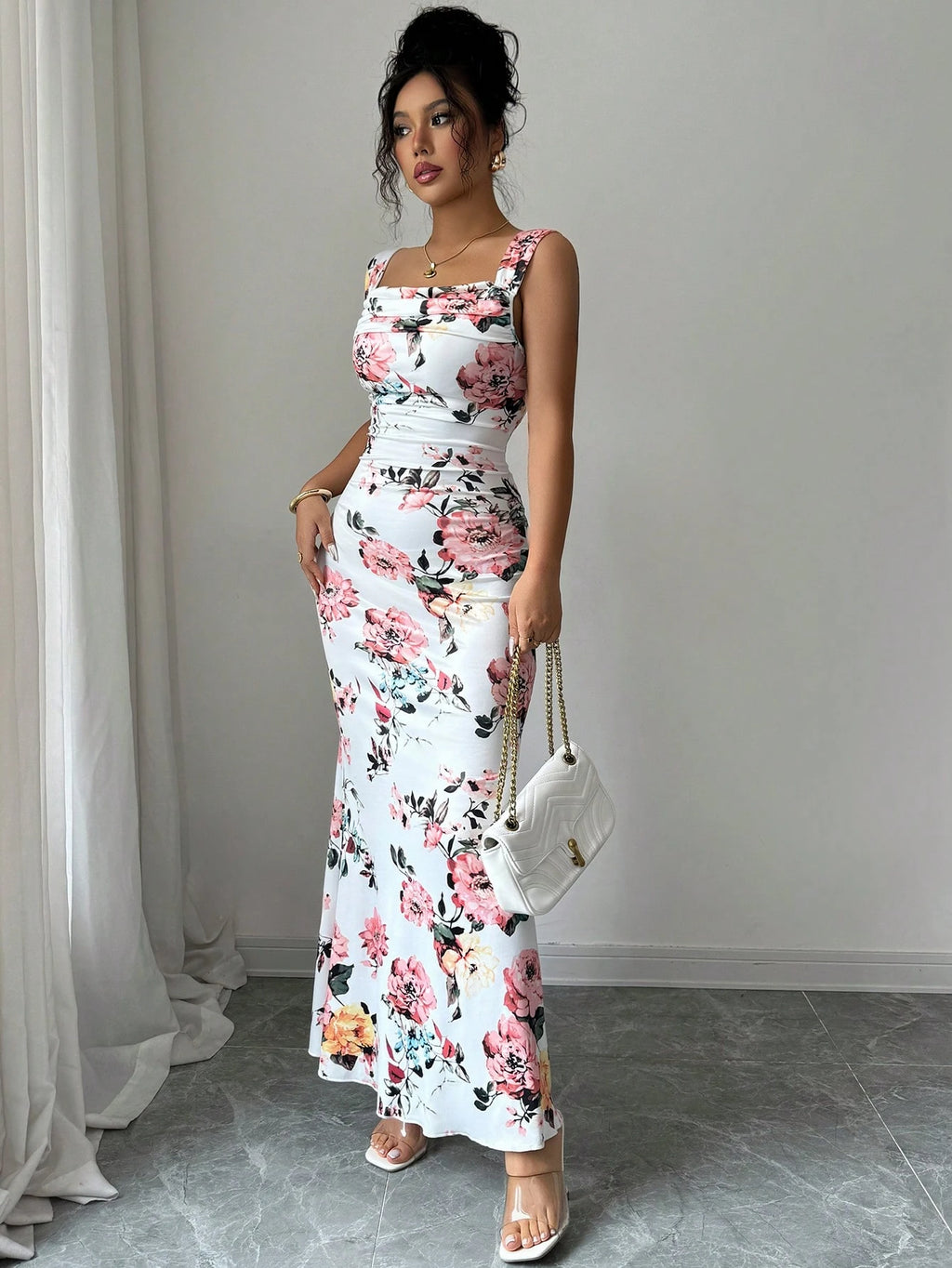 Elenzga Women's Floral Print Pleated Square Neck Sleeveless Dress - image 4