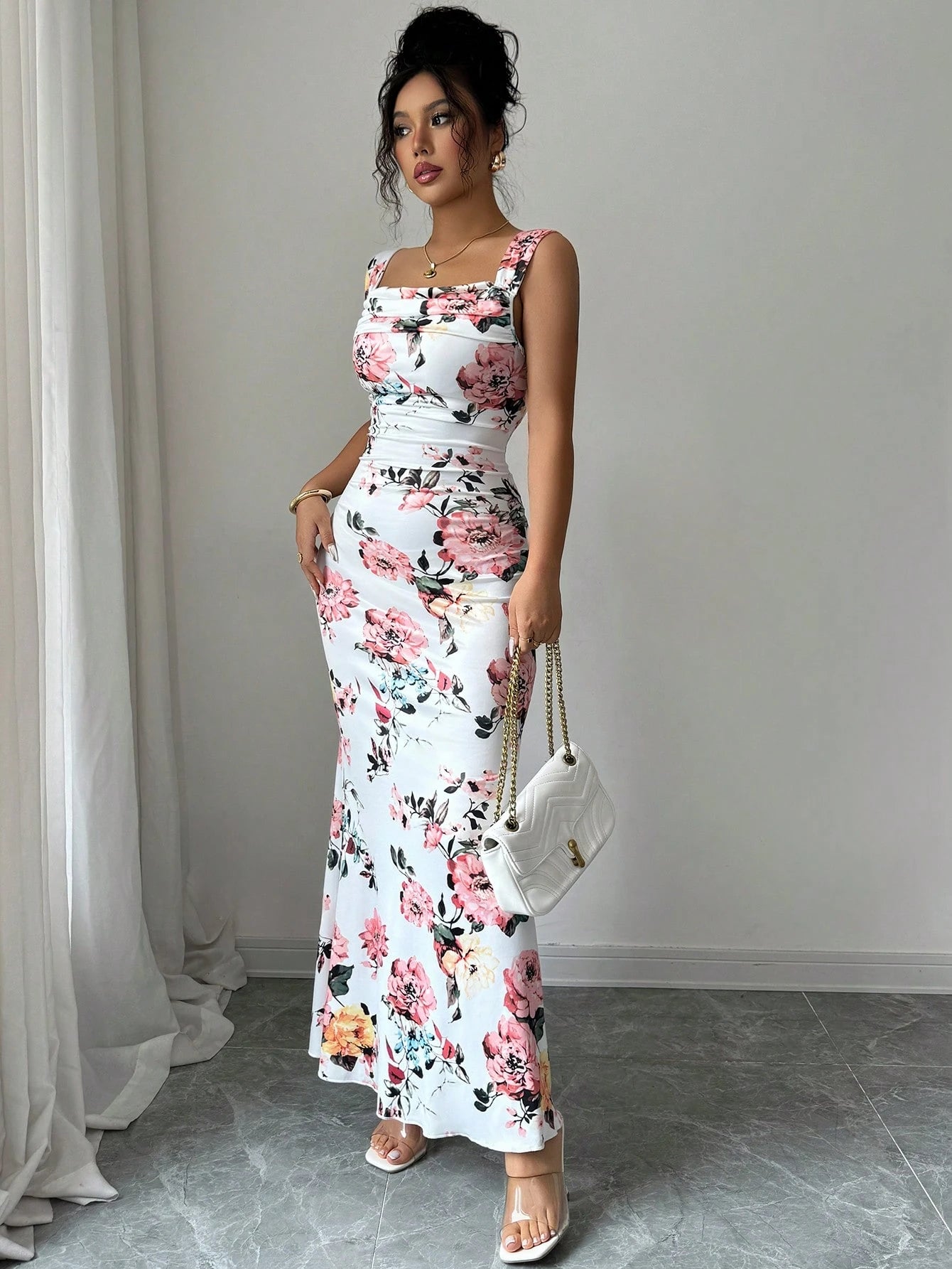 Elenzga Women's Floral Print Pleated Square Neck Sleeveless Dress - image 4