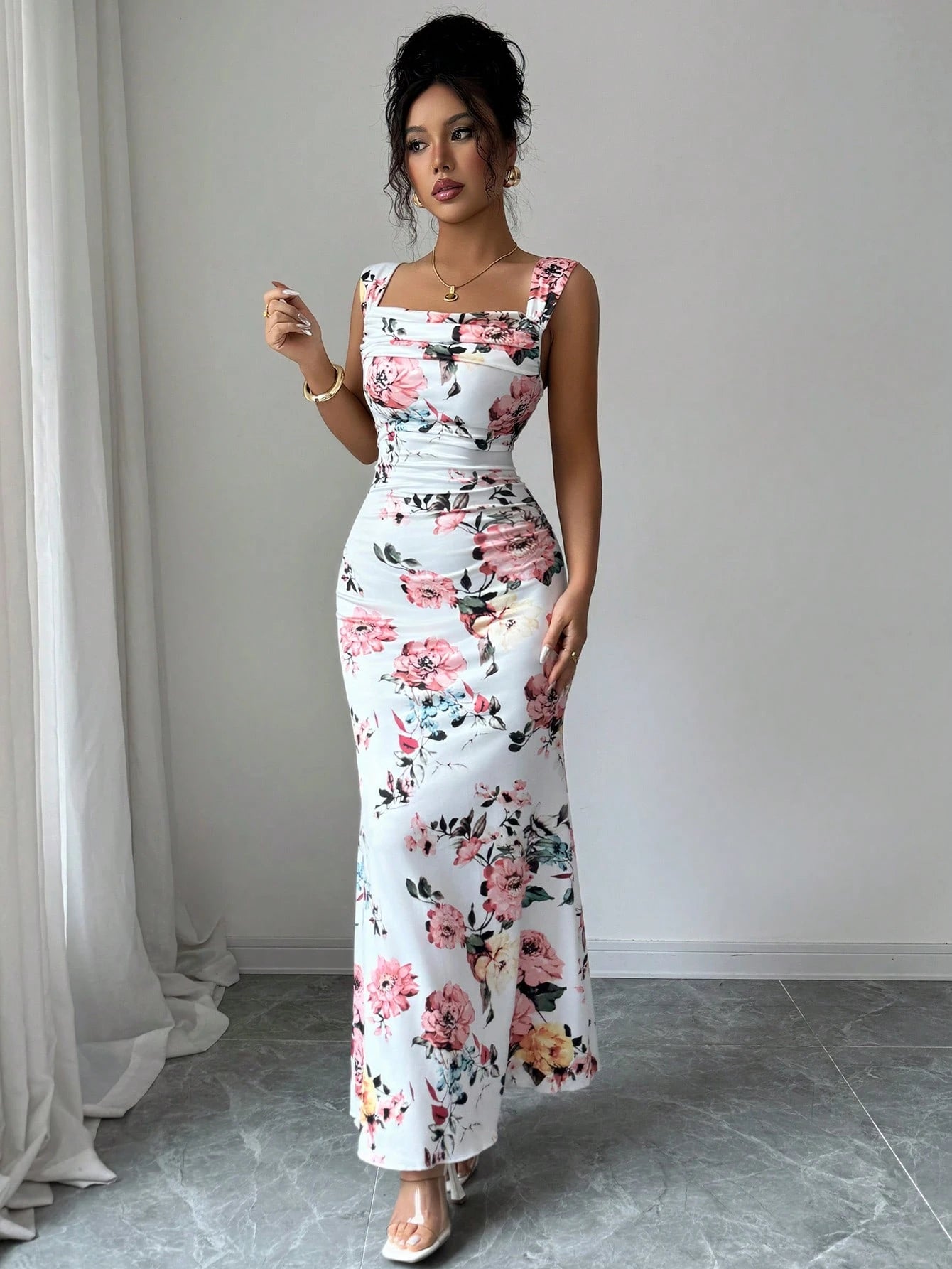 Elenzga Women's Floral Print Pleated Square Neck Sleeveless Dress - image 5
