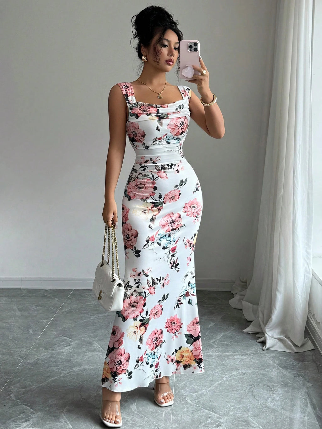 Elenzga Women's Floral Print Pleated Square Neck Sleeveless Dress - image 6