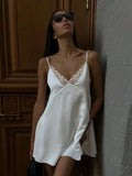 Women's Lace Satin Backless Mini Dress, Elegant V-Neck Button Design,