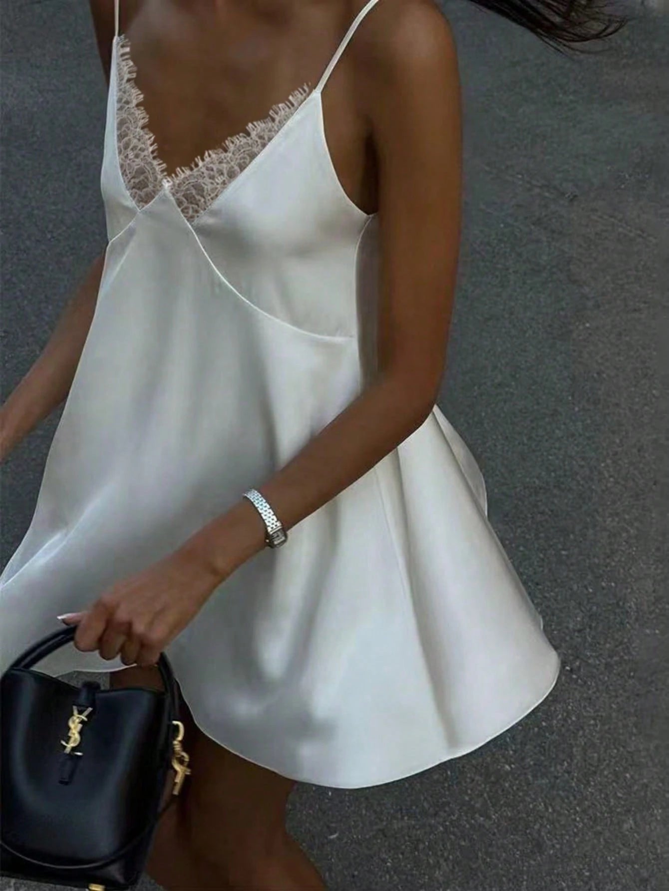 Women's Lace Satin Backless Mini Dress, Elegant V-Neck Button Design,