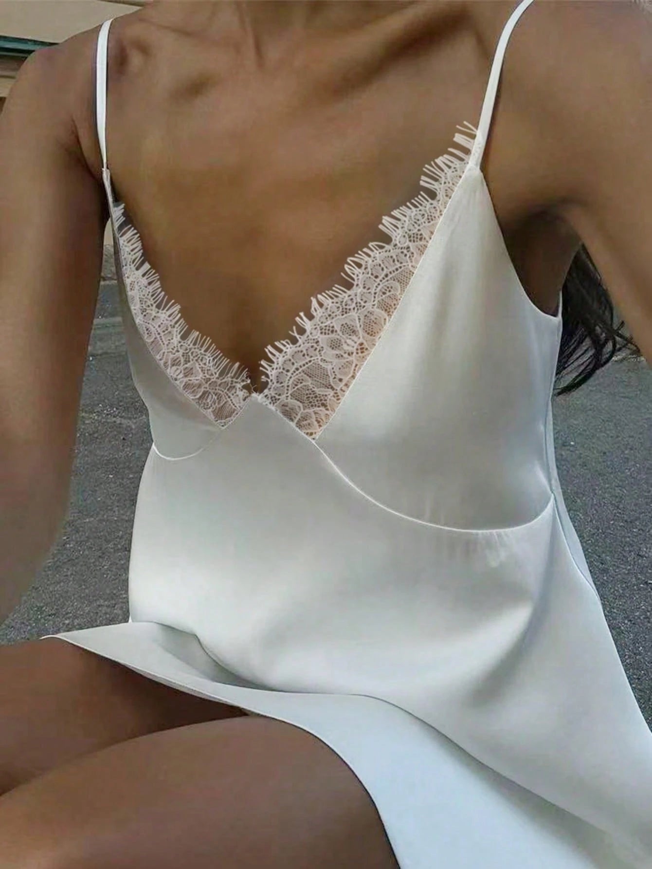 Women's Lace Satin Backless Mini Dress, Elegant V-Neck Button Design,