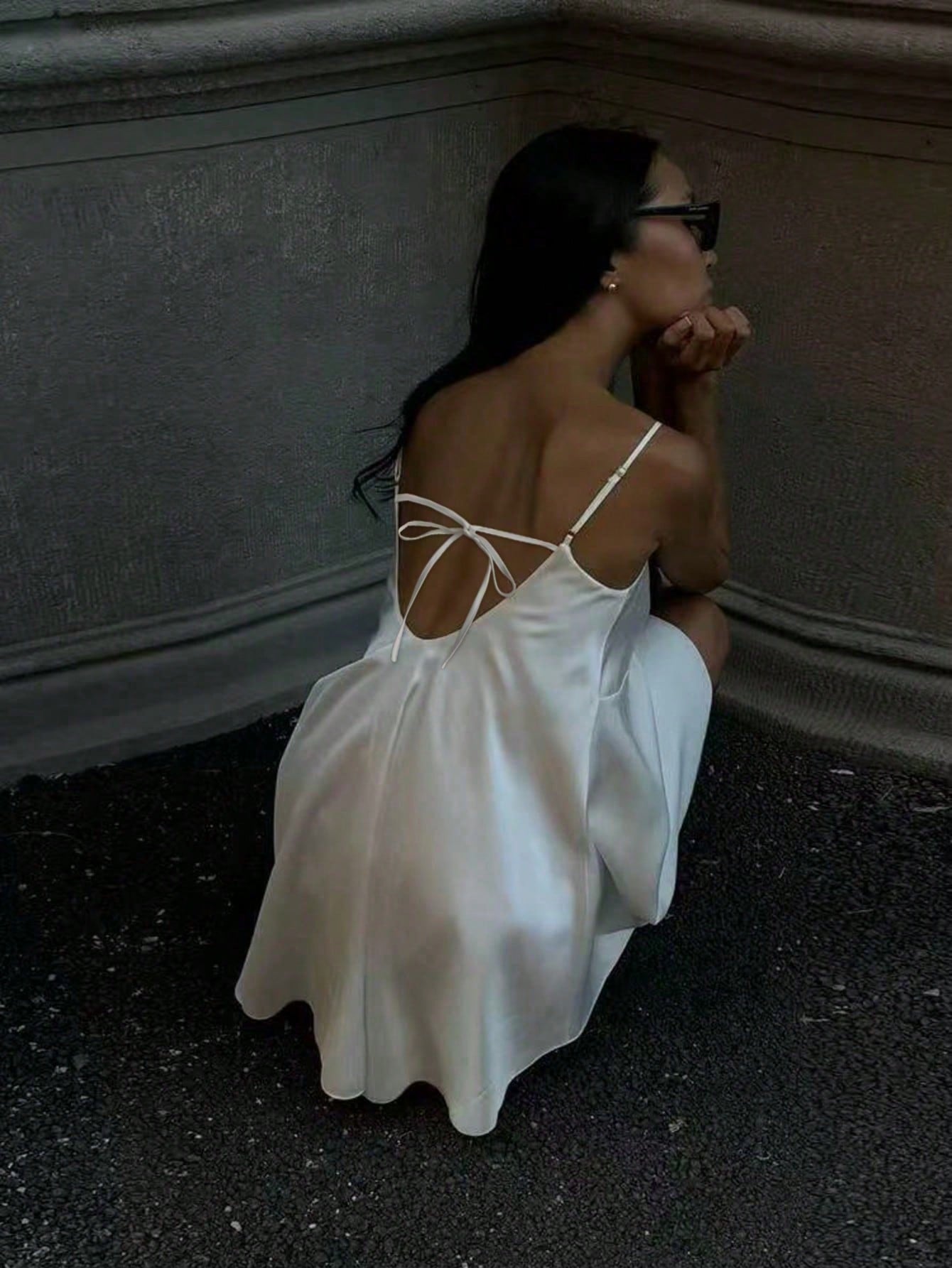 Women's Lace Satin Backless Mini Dress, Elegant V-Neck Button Design,