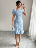 Elegant Women's Blue Floral Embroidered Puff Sleeve Round Neck Smock Midi Dress With Ruffle Hem