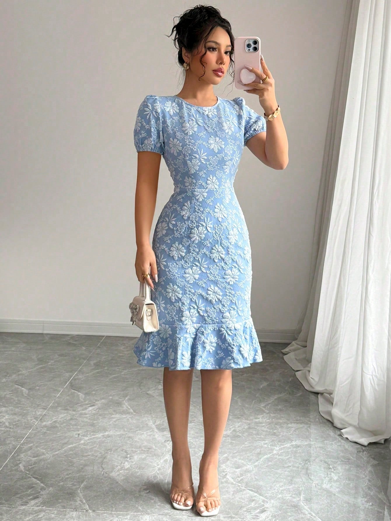 Elegant Women's Blue Floral Embroidered Puff Sleeve Round Neck Smock Midi Dress With Ruffle Hem
