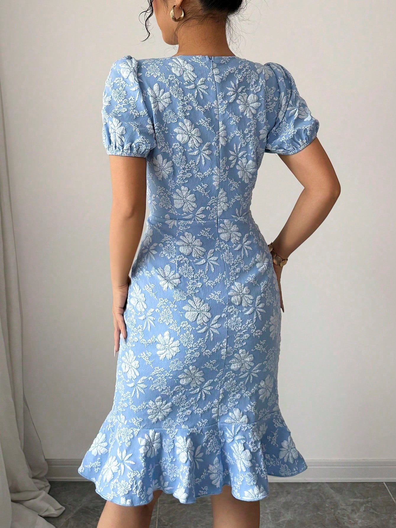 Elegant Women's Blue Floral Embroidered Puff Sleeve Round Neck Smock Midi Dress With Ruffle Hem - image 2