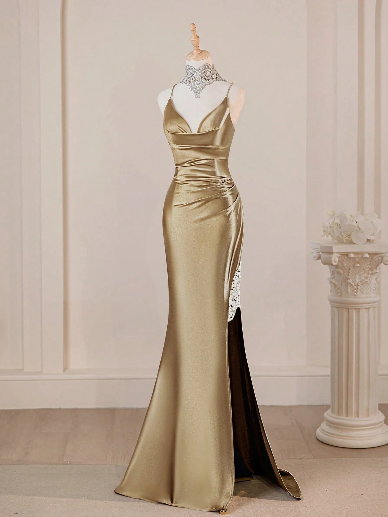 Spaghetti Strap Elegant Navy Blue Sexy Deep V-Neck High Slit Fitted Prom Gown Bridesmaid Dress For Party - image 8