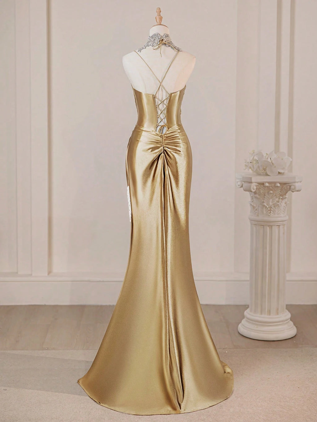 Spaghetti Strap Elegant Navy Blue Sexy Deep V-Neck High Slit Fitted Prom Gown Bridesmaid Dress For Party - image 9