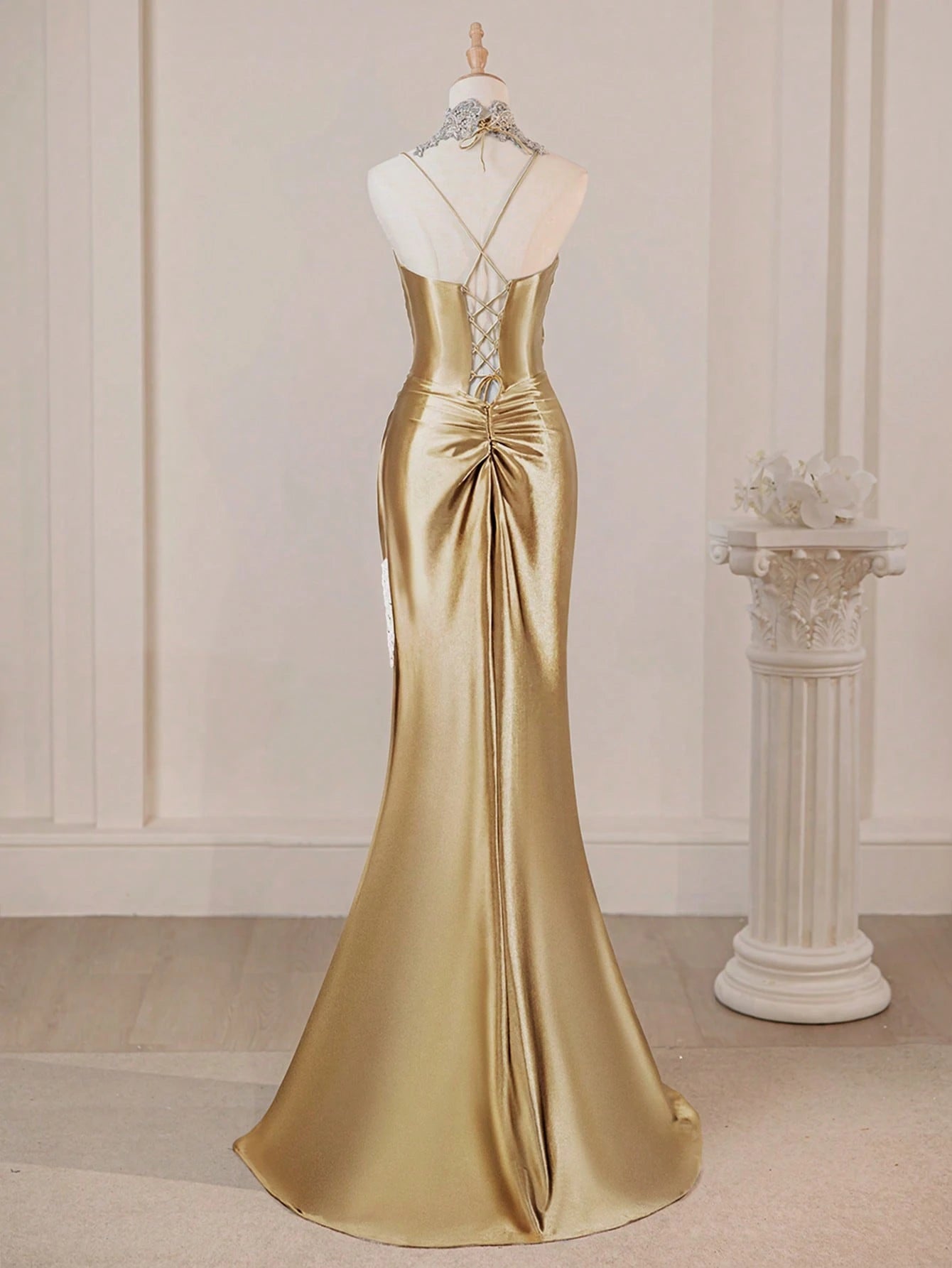 Spaghetti Strap Elegant Navy Blue Sexy Deep V-Neck High Slit Fitted Prom Gown Bridesmaid Dress For Party - image 9