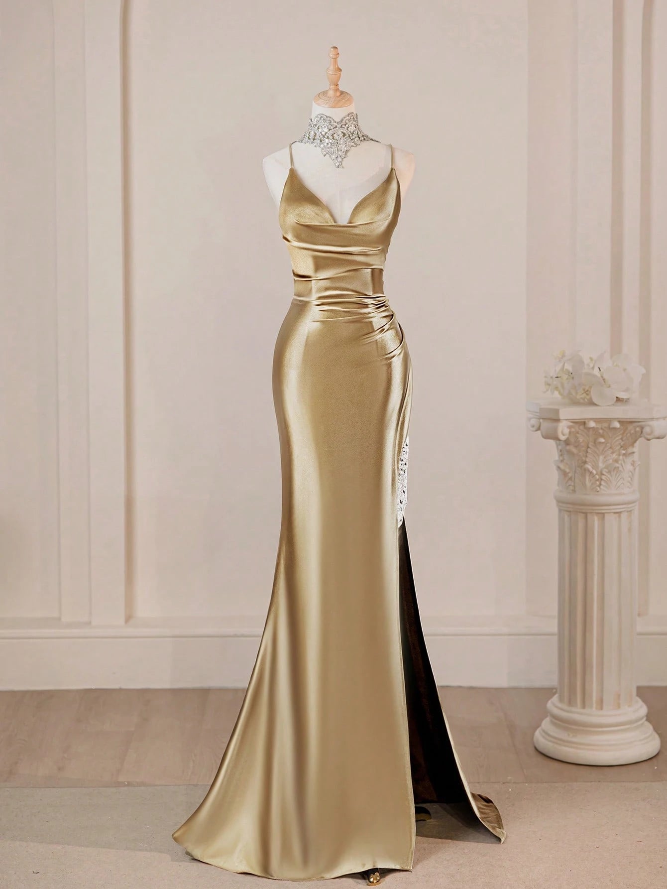 Spaghetti Strap Elegant Navy Blue Sexy Deep V-Neck High Slit Fitted Prom Gown Bridesmaid Dress For Party - image 7