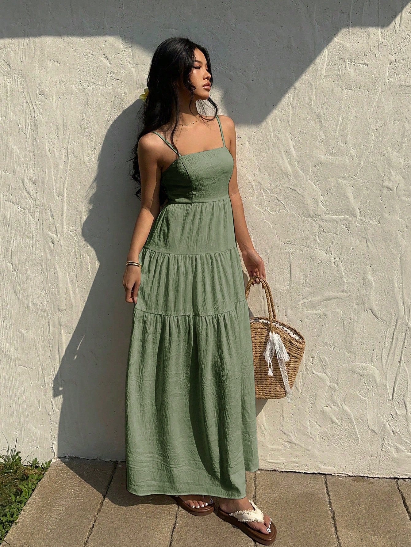 Sunnyshic Light Apricot Textured Fabric Pleated Tube Top Wide Loose
