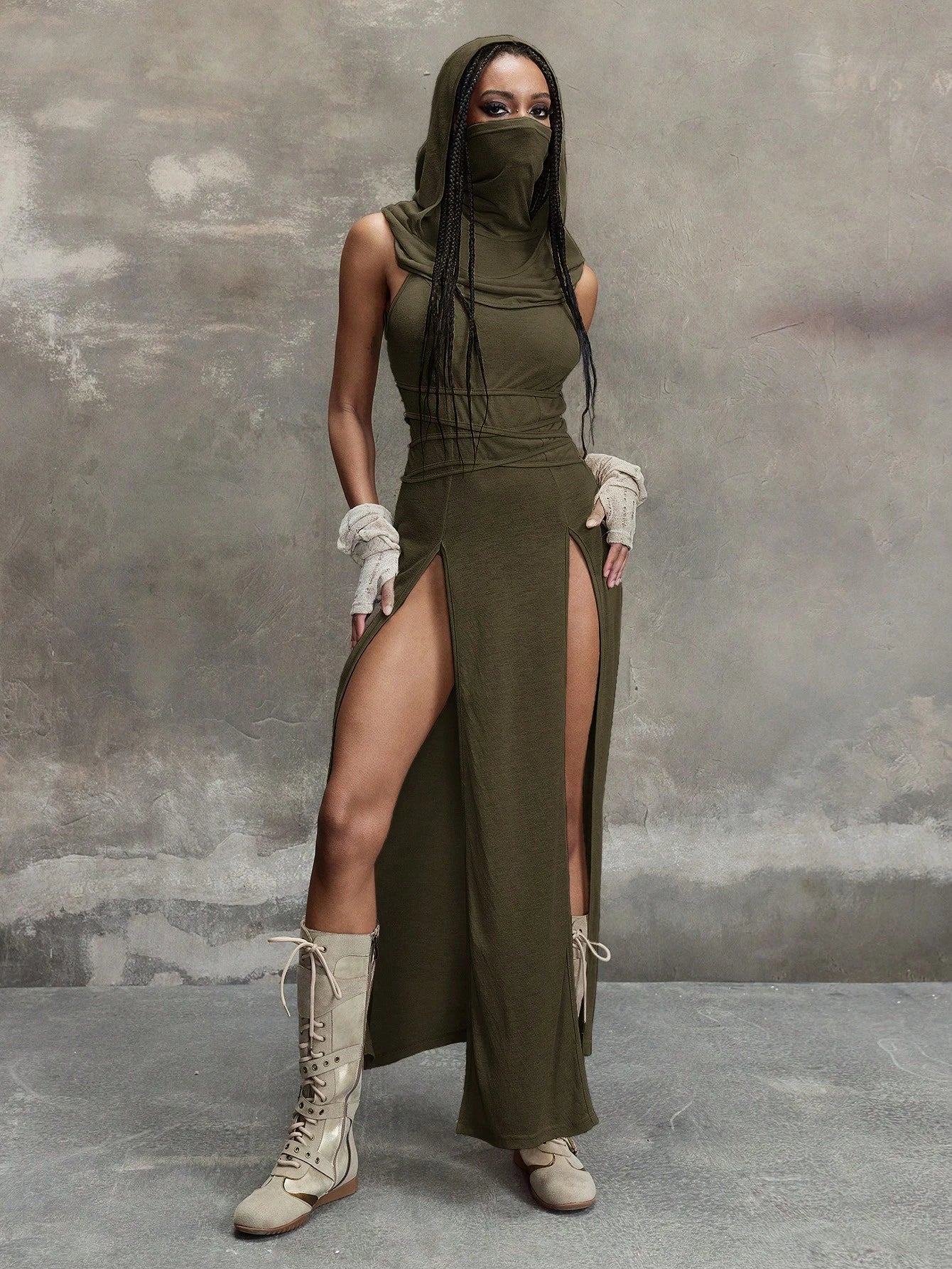 Grunge Punk Y2K Vintage Apocalypse Inspired Hooded Plunge Neckline High Slit Dress - image 11