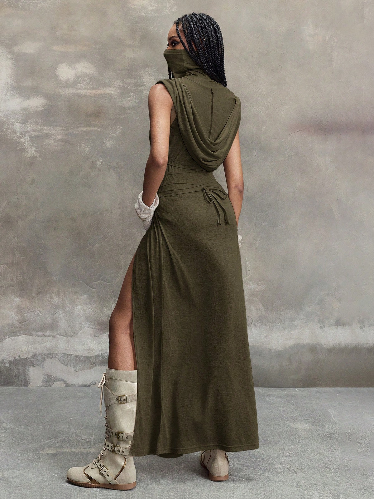 Grunge Punk Y2K Vintage Apocalypse Inspired Hooded Plunge Neckline High Slit Dress - image 12