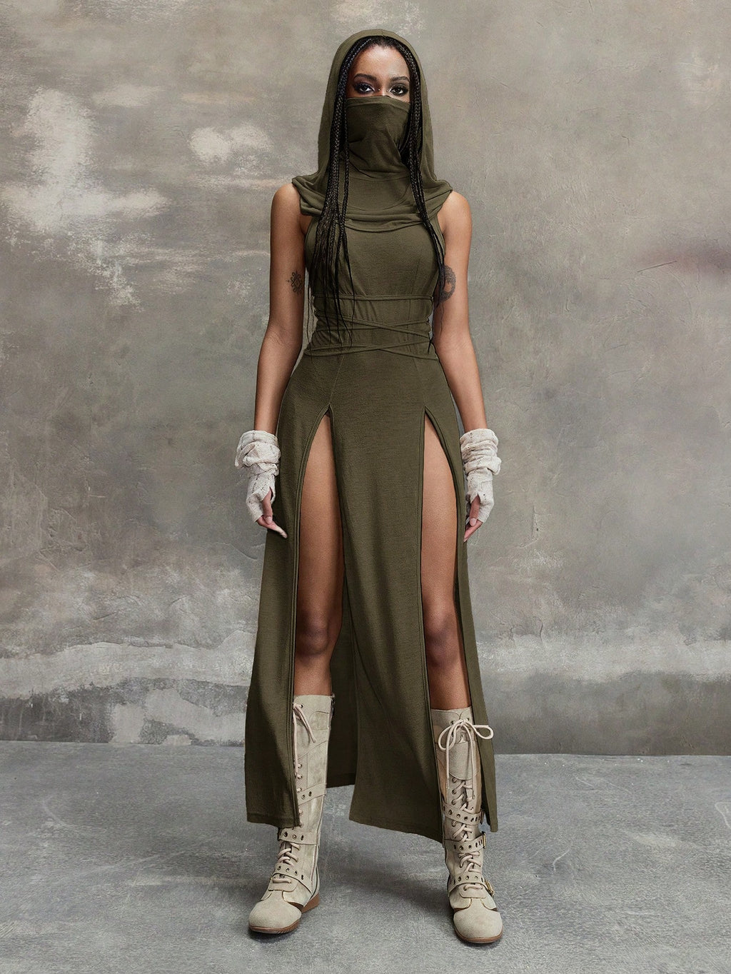 Grunge Punk Y2K Vintage Apocalypse Inspired Hooded Plunge Neckline