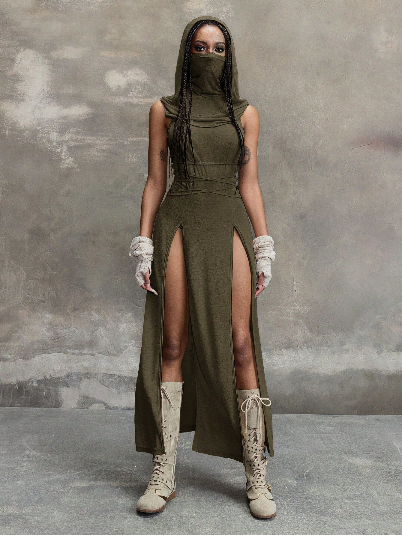 Grunge Punk Y2K Vintage Apocalypse Inspired Hooded Plunge Neckline