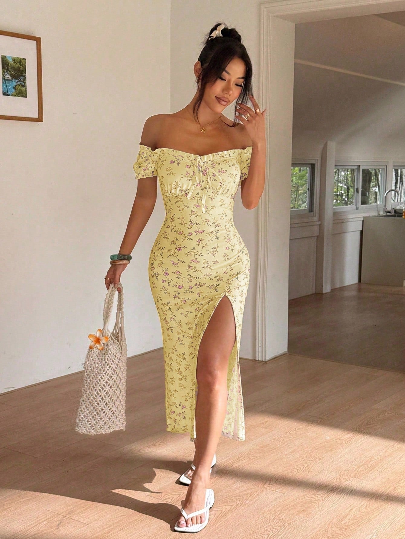 Sunnyshic Women Off Shoulder Split Ditsy Floral Dress