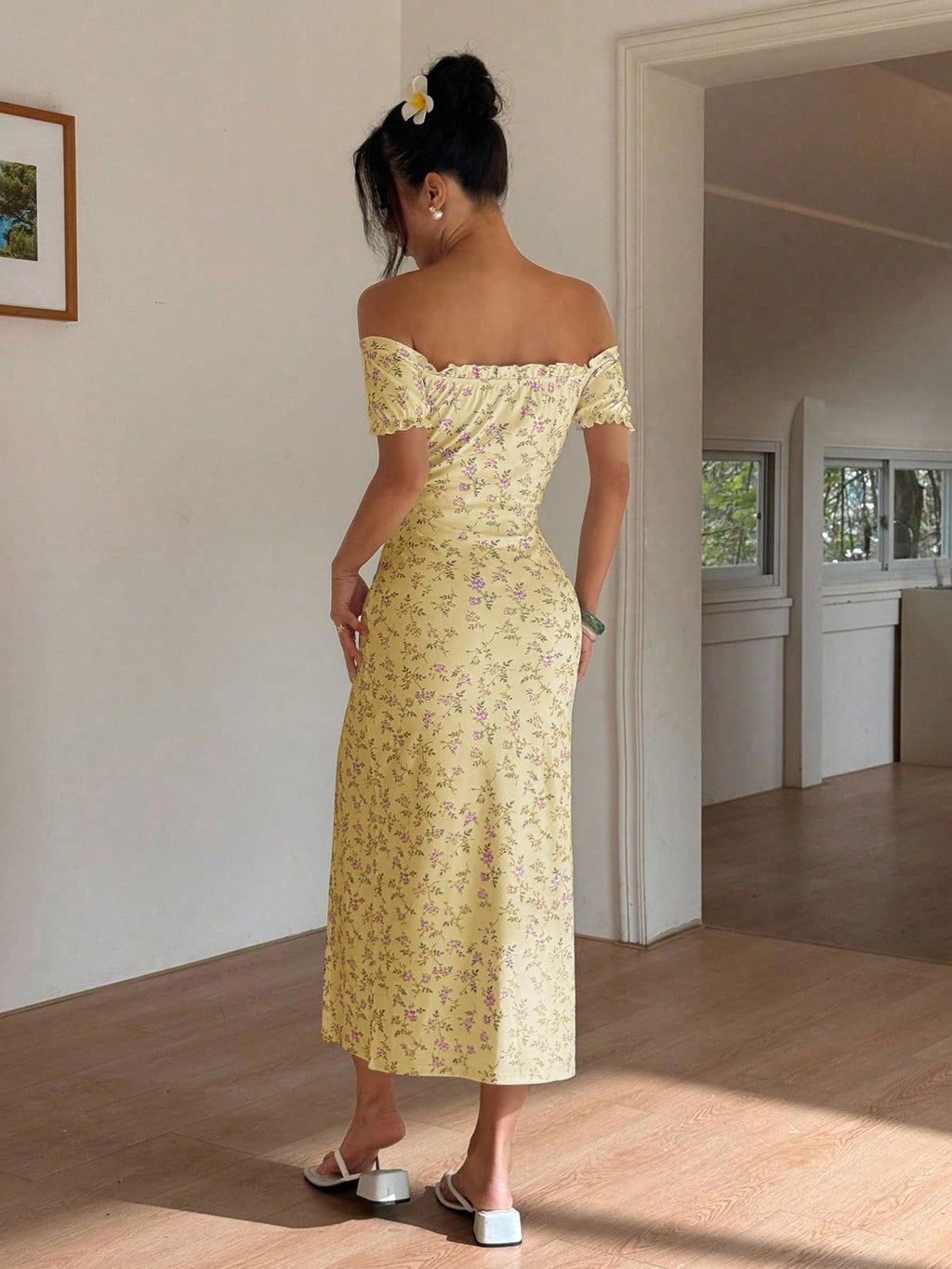 Sunnyshic Women Off Shoulder Split Ditsy Floral Dress