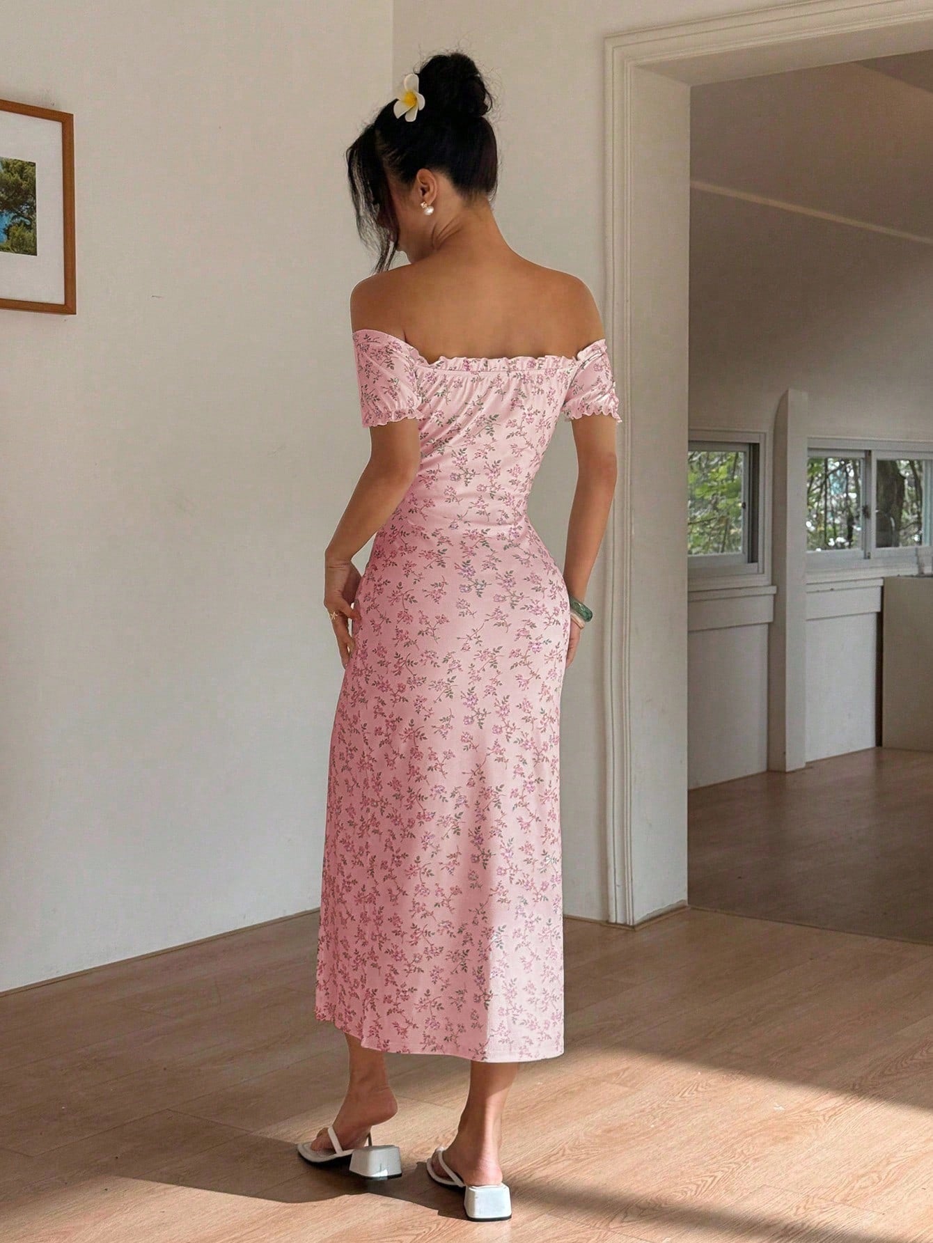 Sunnyshic Women Off Shoulder Split Ditsy Floral Dress