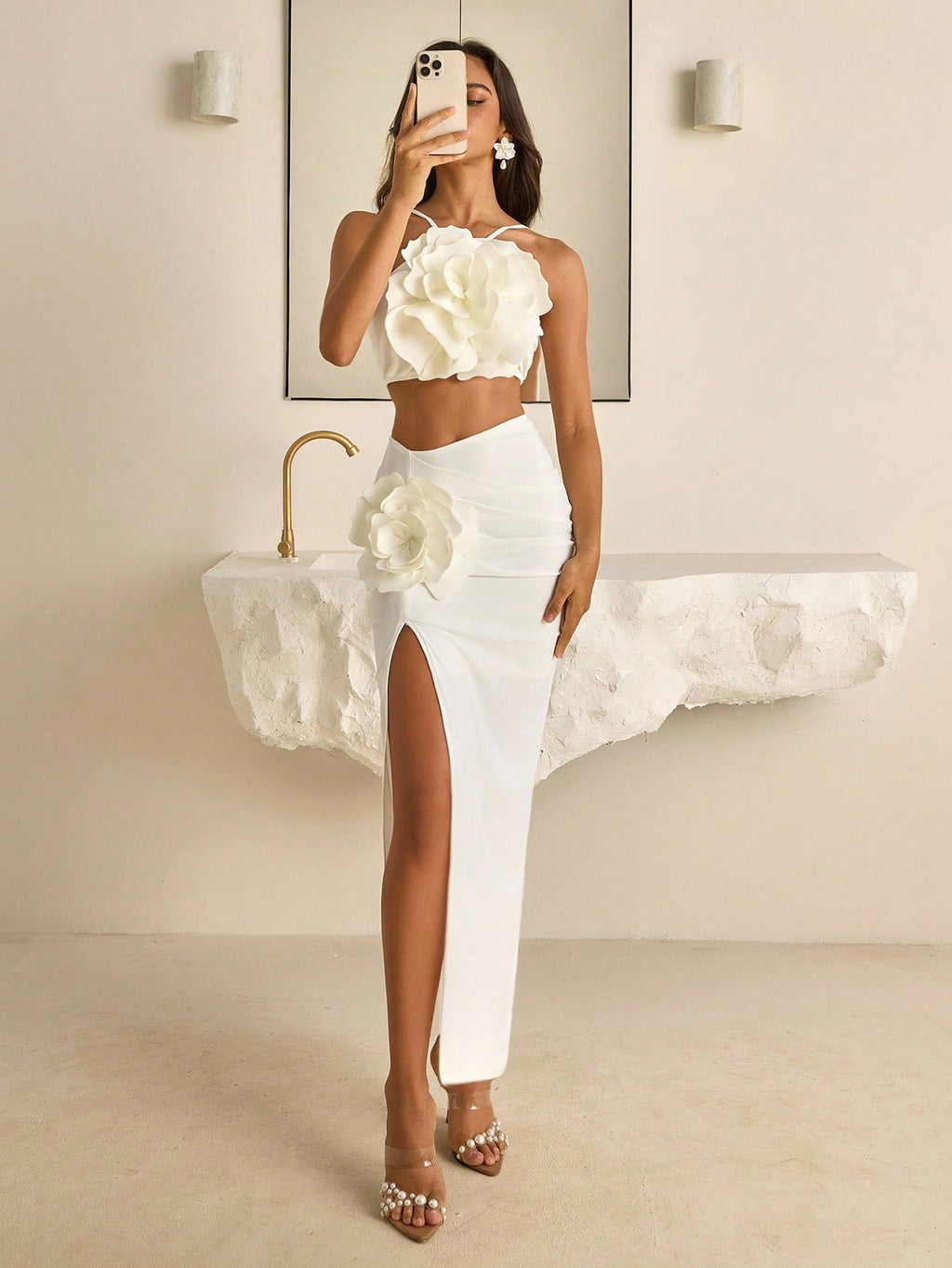 Vowa Elegant White Knitted 2 Pieces Set,Summer Halter Neckline With 3D Flower,Formal Party Wedding - image 12