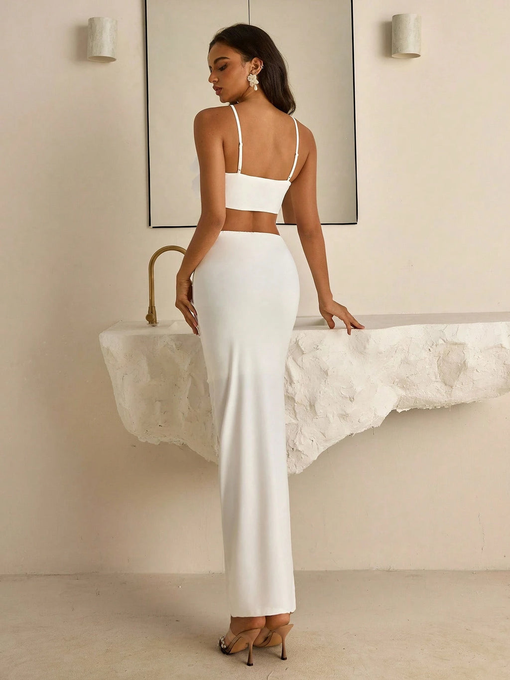 Vowa Elegant White Knitted 2 Pieces Set,Summer Halter Neckline With 3D Flower,Formal Party Wedding - image 9