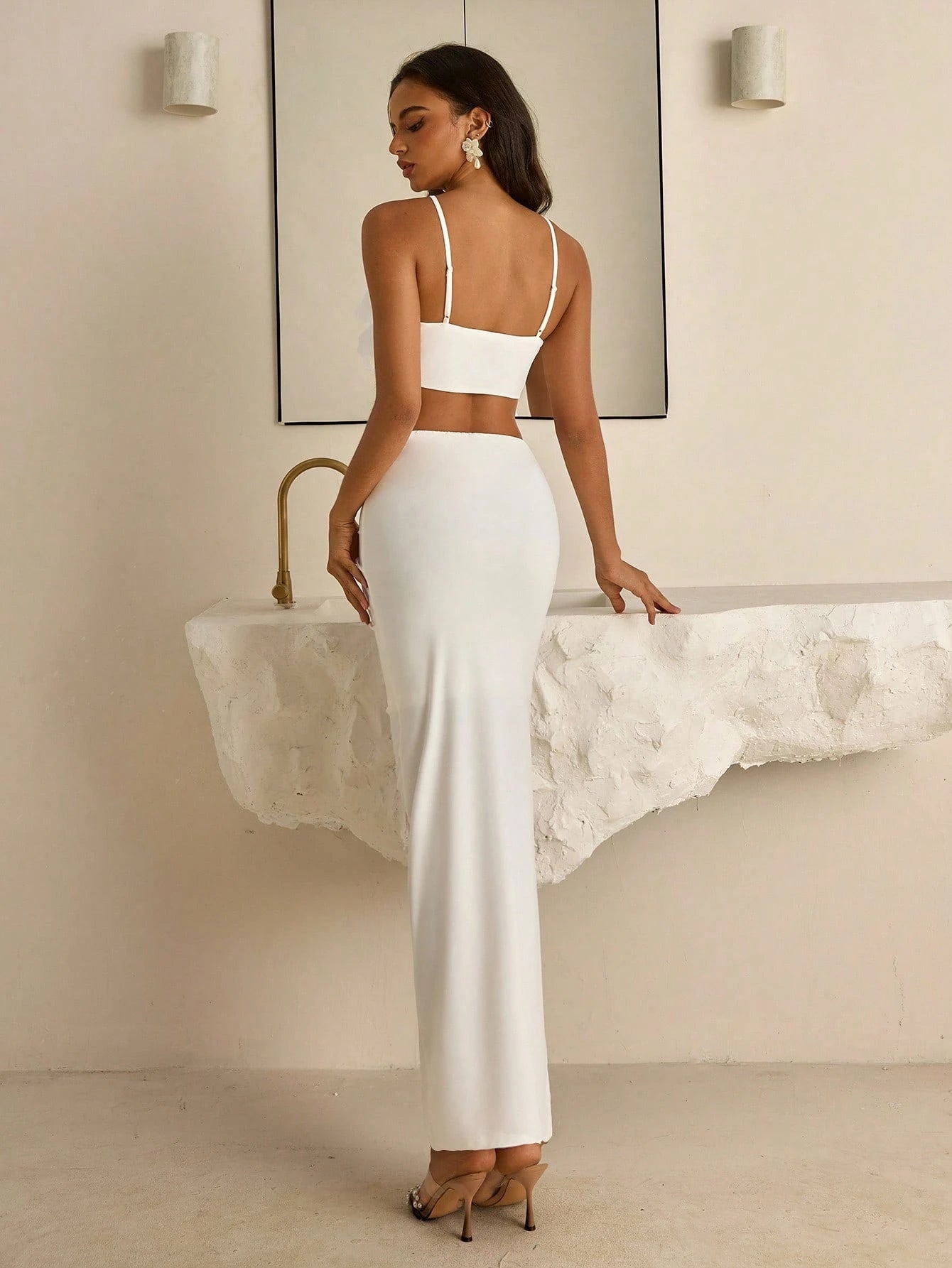 Vowa Elegant White Knitted 2 Pieces Set,Summer Halter Neckline With 3D Flower,Formal Party Wedding - image 9