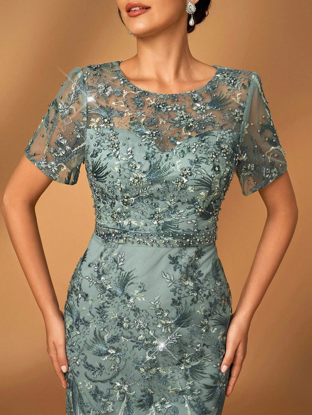 Serin Elegant Luxurious Embroidered Lace Sequin Floral Dusty Pink Dress,Summer Evening Wedding Gown,Faux - image 3
