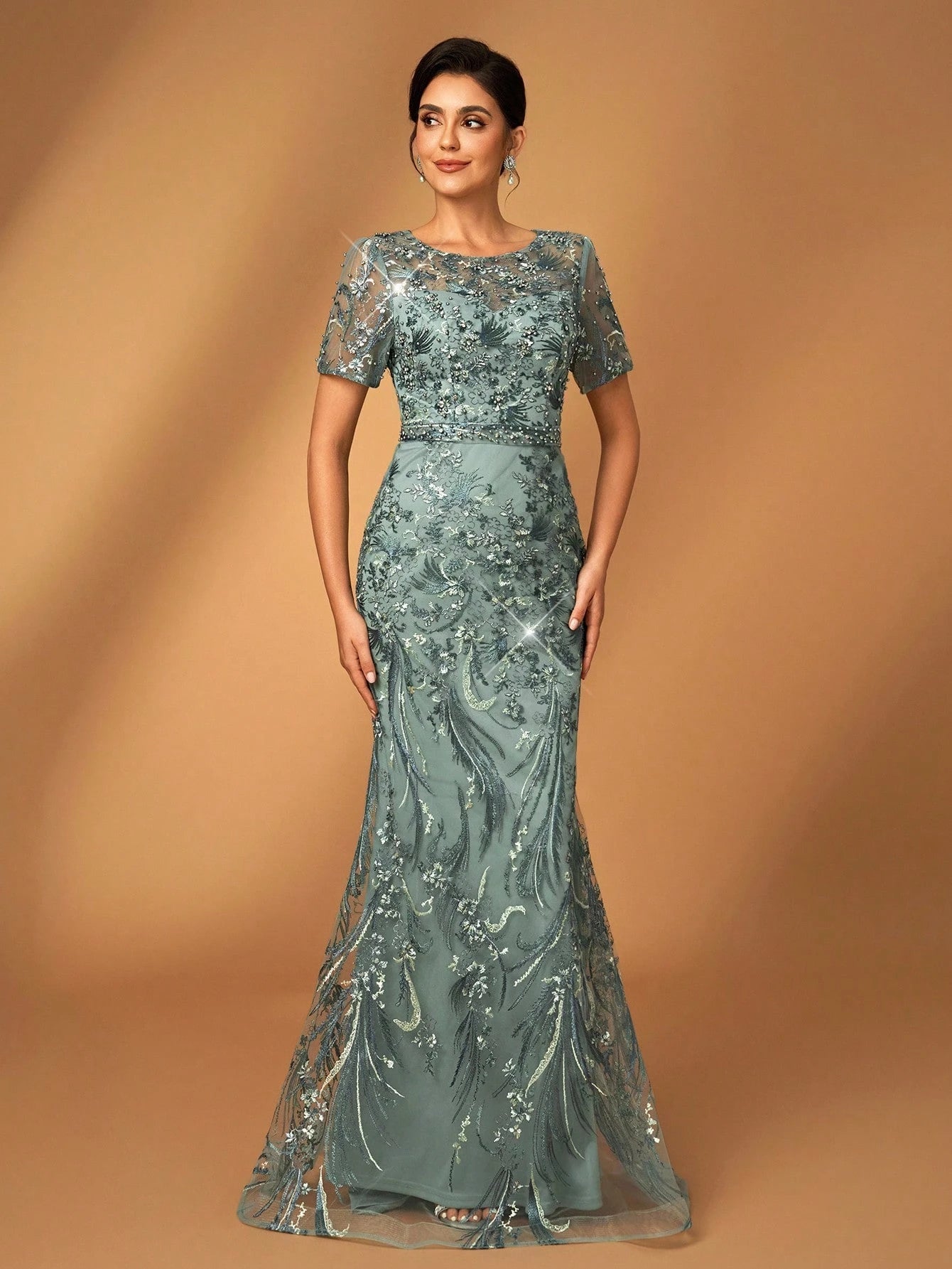 Serin Elegant Luxurious Embroidered Lace Sequin Floral Dusty Pink Dress,Summer Evening Wedding Gown,Faux - image 2