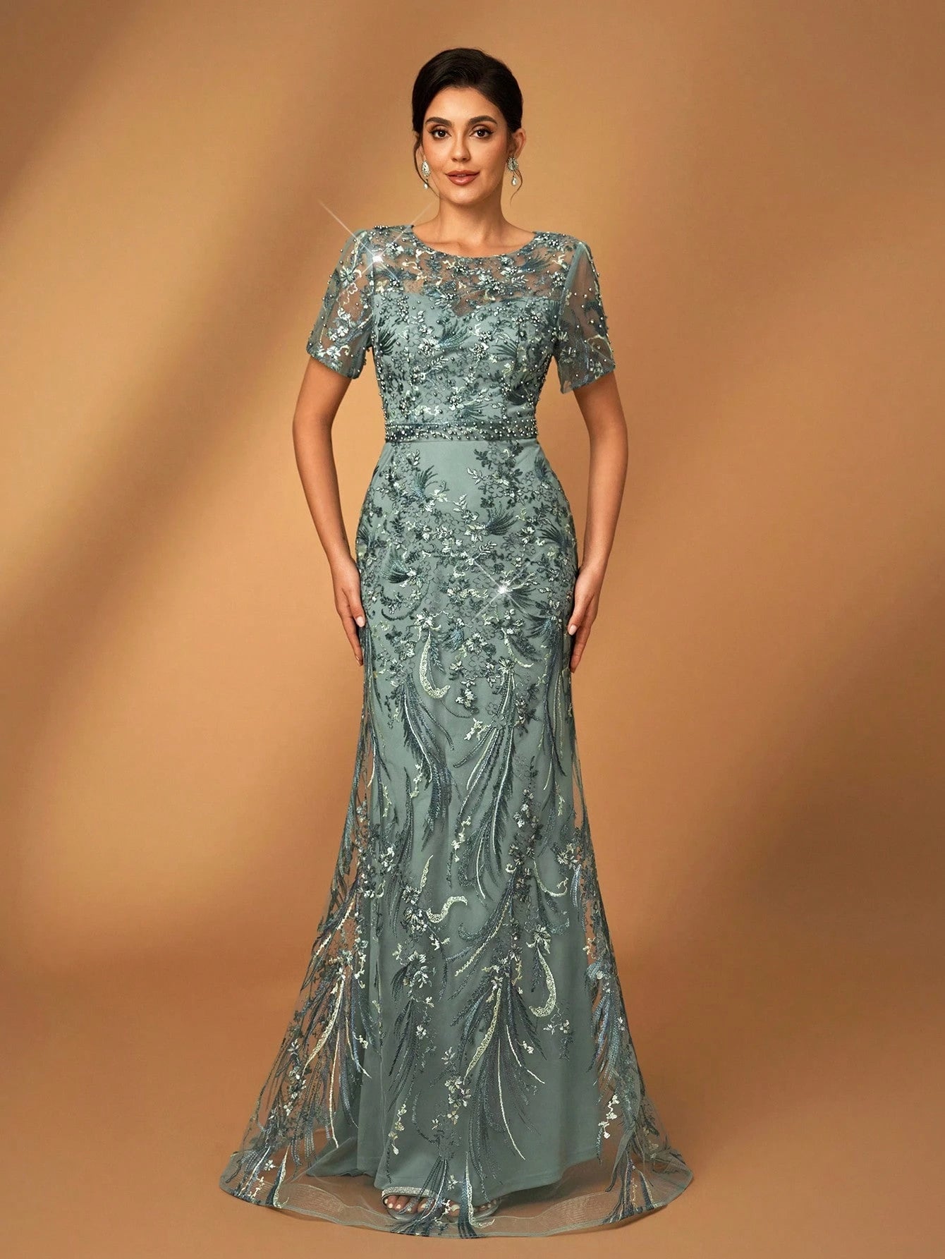 Serin Elegant Luxurious Embroidered Lace Sequin Floral Dusty Pink Dress,Summer Evening Wedding Gown,Faux - image 5