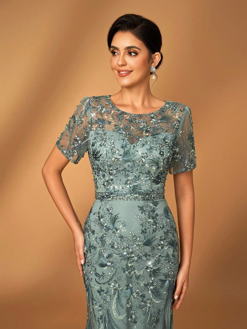 Serin Elegant Luxurious Embroidered Lace Sequin Floral Dusty Pink Dress,Summer Evening Wedding Gown,Faux