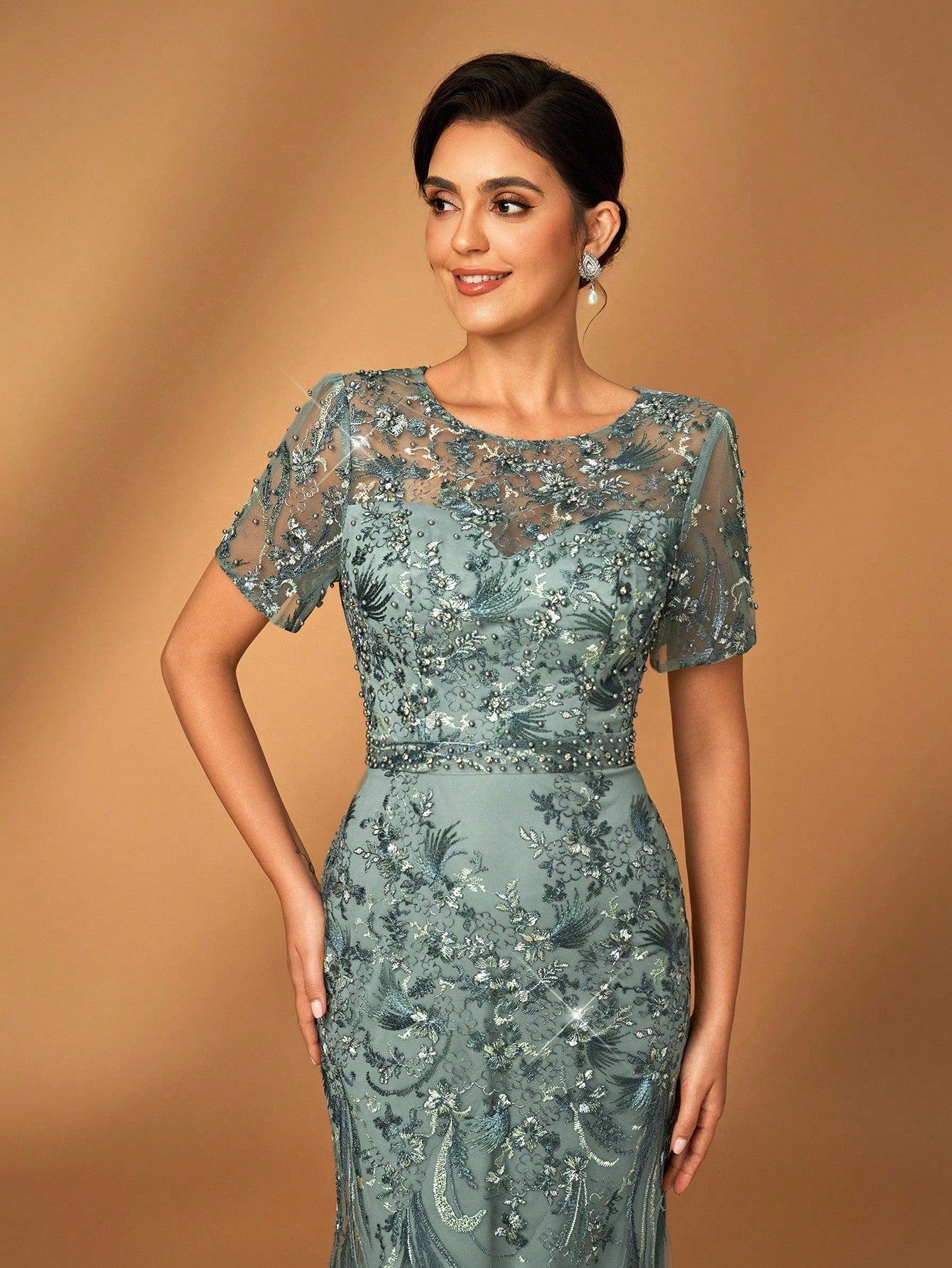 Serin Elegant Luxurious Embroidered Lace Sequin Floral Dusty Pink Dress,Summer Evening Wedding Gown,Faux