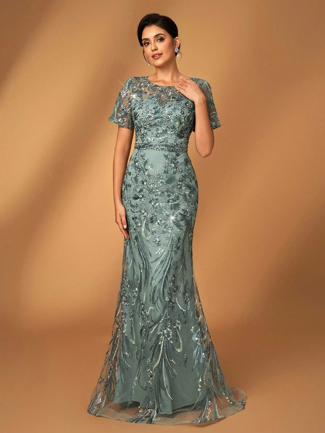 Serin Elegant Luxurious Embroidered Lace Sequin Floral Dusty Pink Dress,Summer Evening Wedding Gown,Faux - image 6