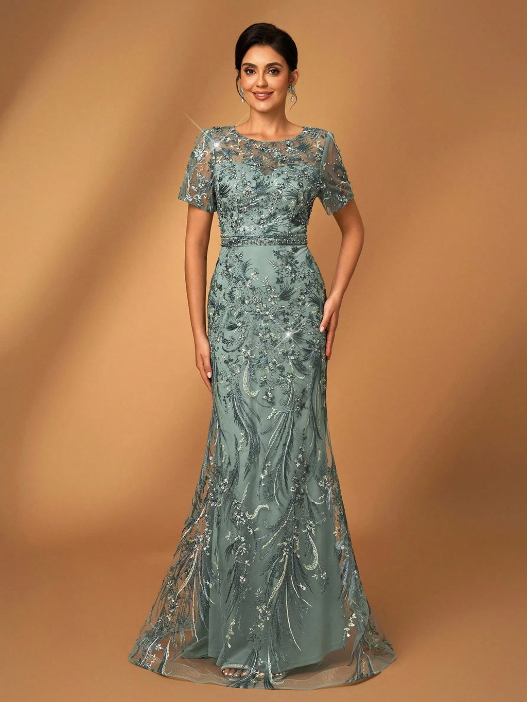 Serin Elegant Luxurious Embroidered Lace Sequin Floral Dusty Pink Dress,Summer Evening Wedding Gown,Faux - image 7