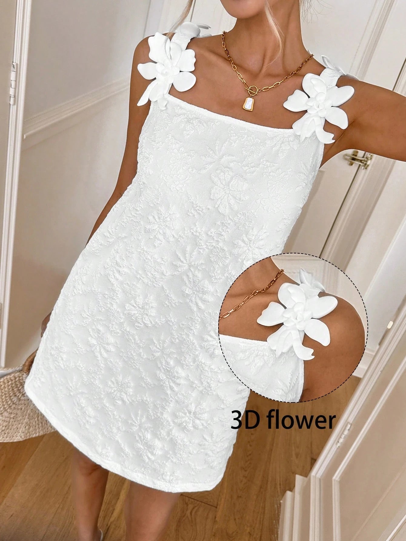 Easowa Women's White Summer Elegant Romantic Wedding Casual Floral Jacquard Mini Dress,3D Flower Birthday - image 9