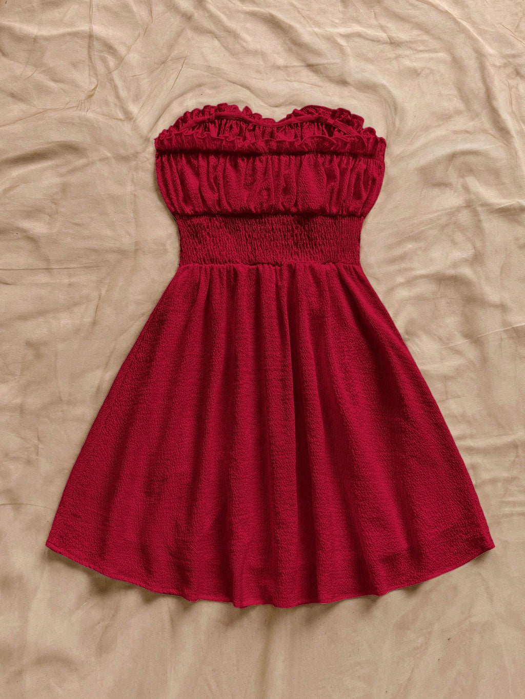 Soleia Women Summer Vacation Strapless Frill Trim Tie Waist Shirred